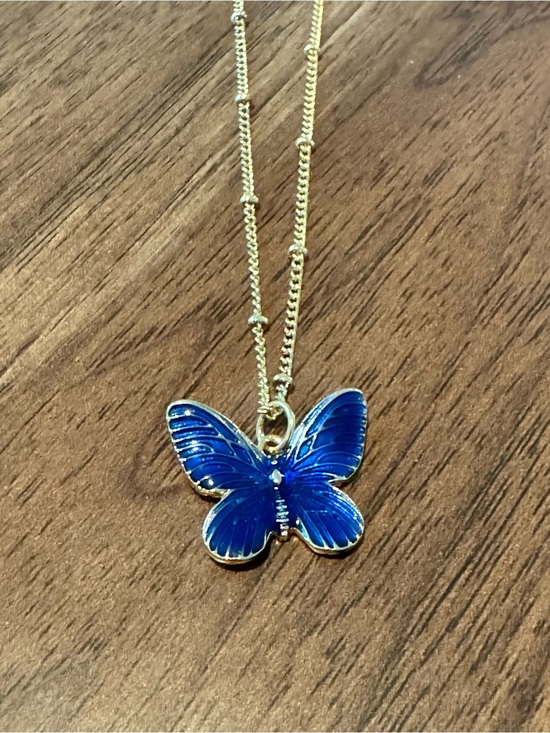 Earthbound Trading Co Jewelry - Blue Butterfly Pendant Necklace on Gold Chain